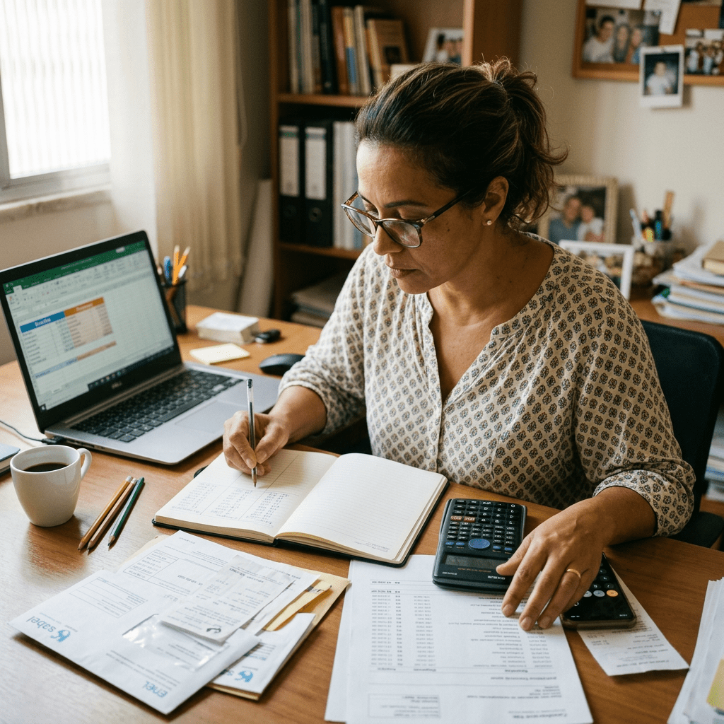 Woman writing in notebook with calculator and bills on desk